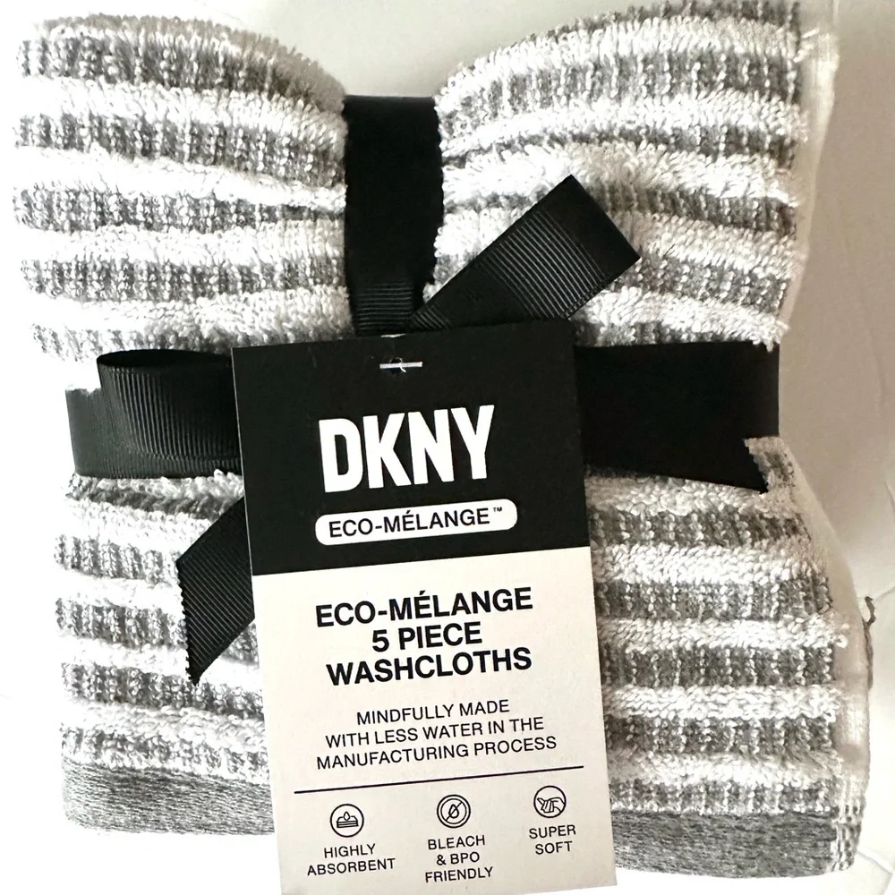 DKNY Eco-Melange 7 pc Towels Set Gray & White Stripes SUSTAINABLY MADE